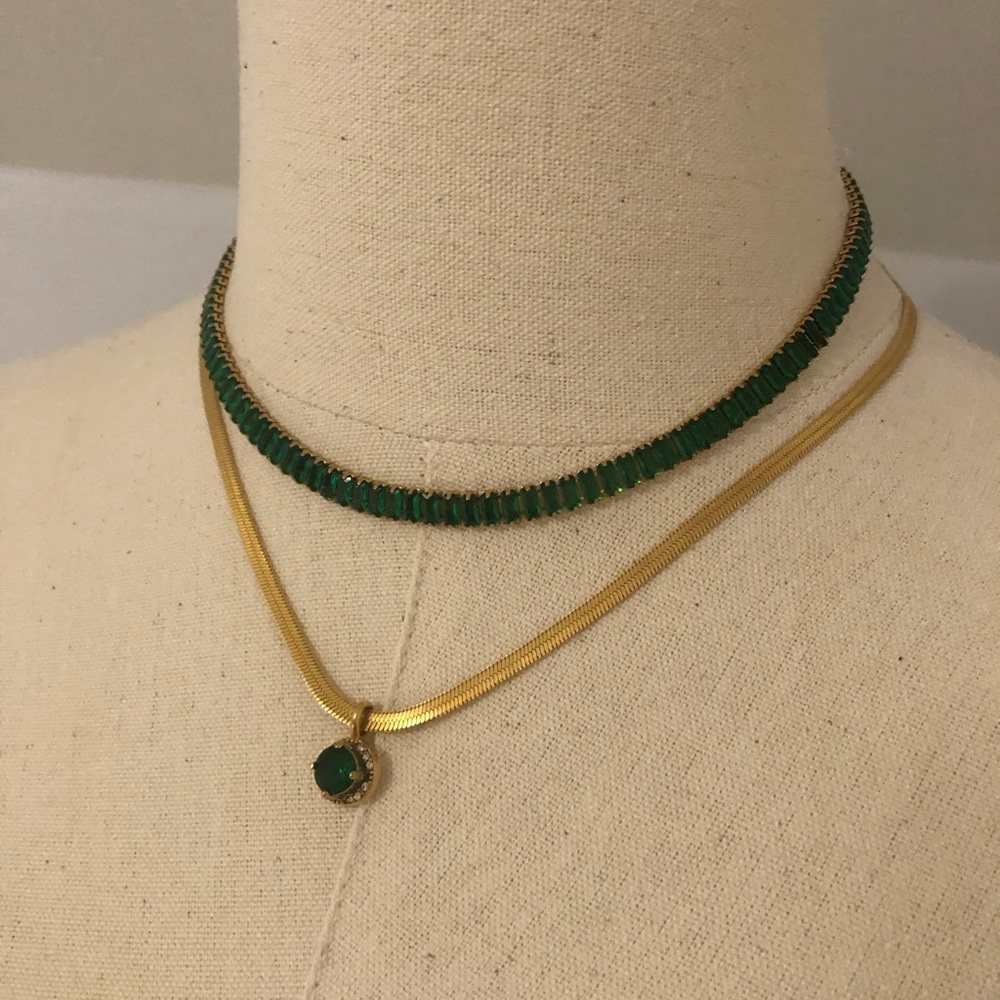Gold Snake Necklace with Faux Emerald Charm